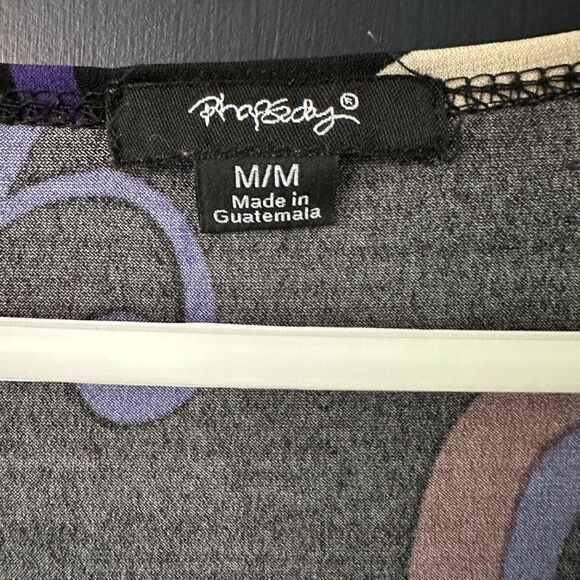 Rapsody Black Purple Tan White Floral Swirl Print V-Neck Dress Lots of stretch - Picture 4 of 6